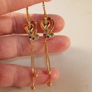 18K Yellow Gold Filled Heart Diamond Zircon Tassel Dangle Earrings Gorgeous Gift